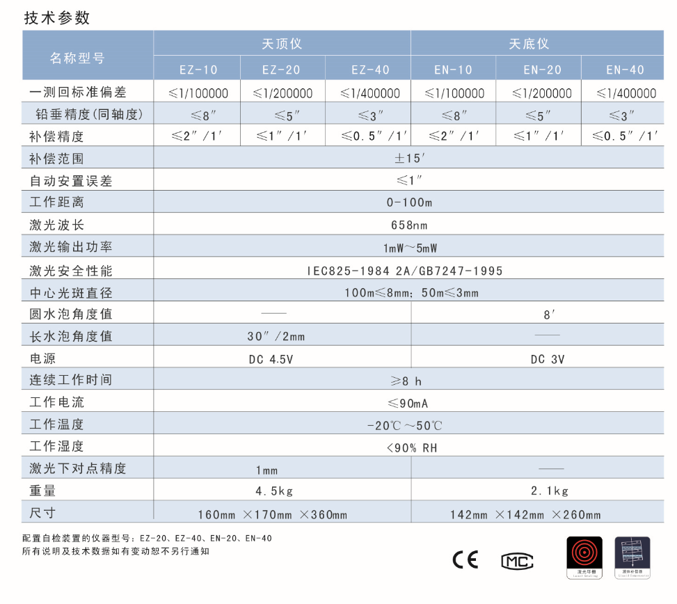 EZ-10、EZ-20、EZ-40激光自動(dòng)安平天頂儀/上垂準(zhǔn)儀技術(shù)參數(shù)